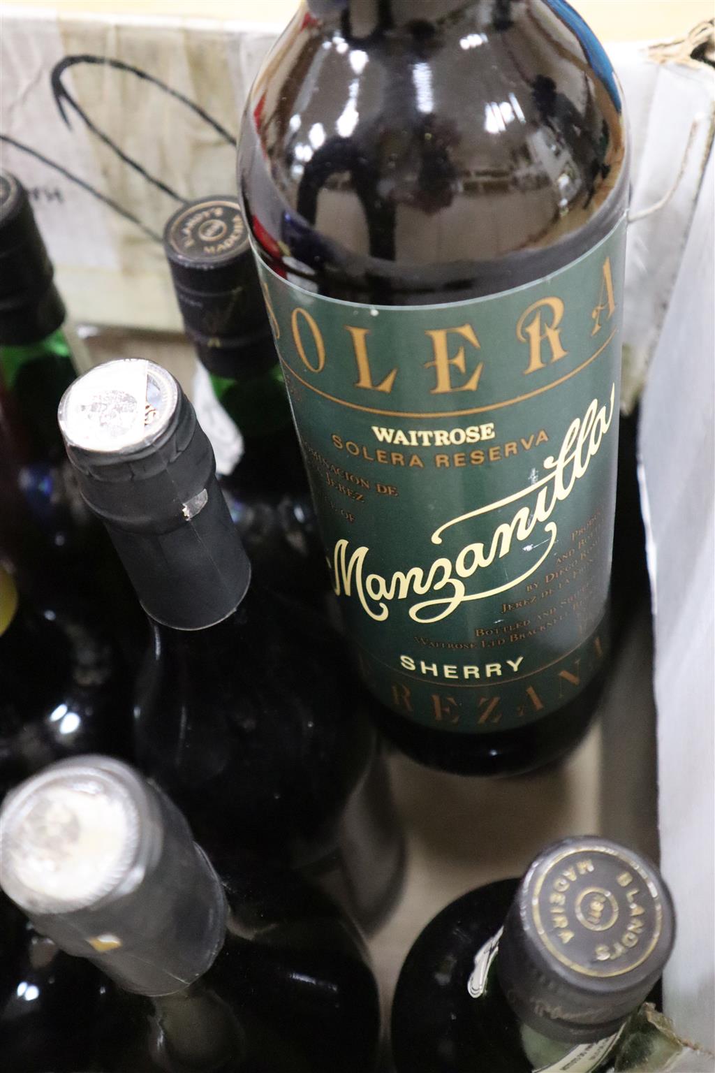 Eleven bottles of mixed wines and spirits including Blandys Madeira, Matuselem, brandy, sherry etc